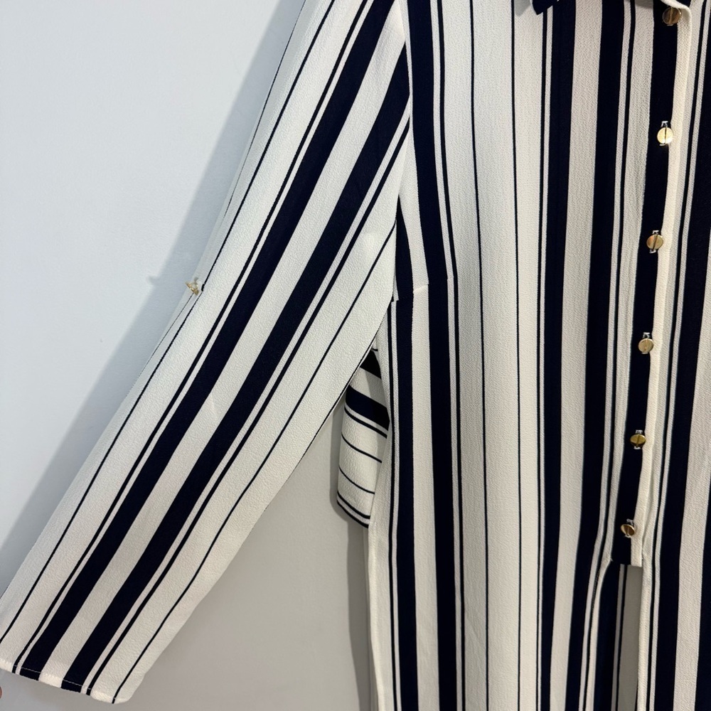 Frank Lyman Longline Striped Blouse Sz 6 White Blue Side Slit Shirt Office EUC - Picture 5 of 10